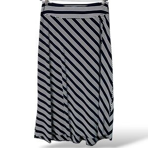 TALBOTS Cotton Modal Blend Navy White Stripe Jersey Knit Midi Skirt Hi-Lo Hem L